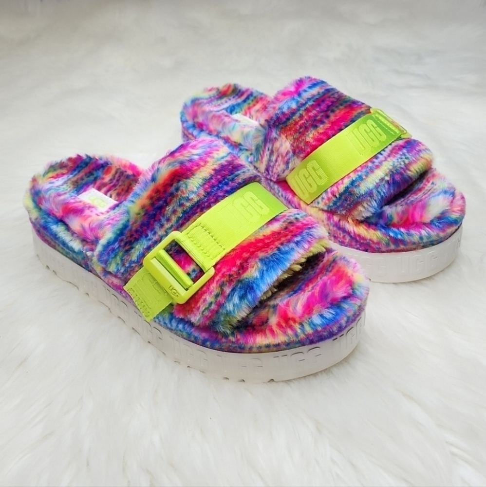 UGG Fluffita Slipper Sandals White Pixelate Multi Color Rainbow - Picture 8 of 16